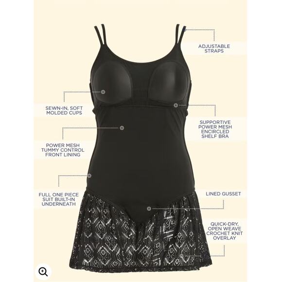 Swimsuits for All Size 16 Black Lace Ovelay Adjustable Straps Empire Waist NWT - Picture 8 of 9